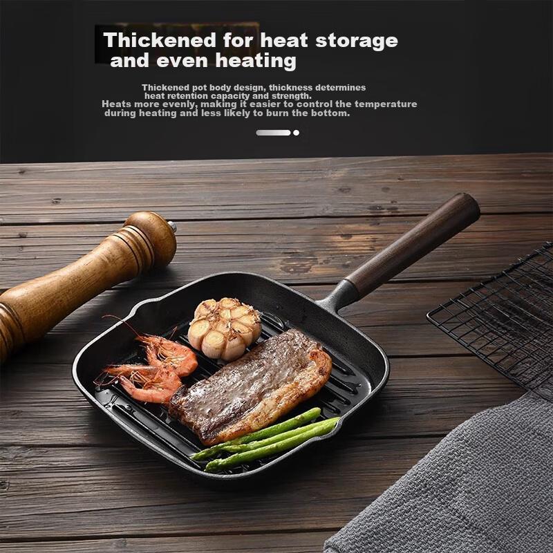 PAKCHOICE Steak Frying Pan Breakfast Cast Iron Skillet Non-Coated Flat Pan 23cm Compatible with Gas Stove and Induction Cooker