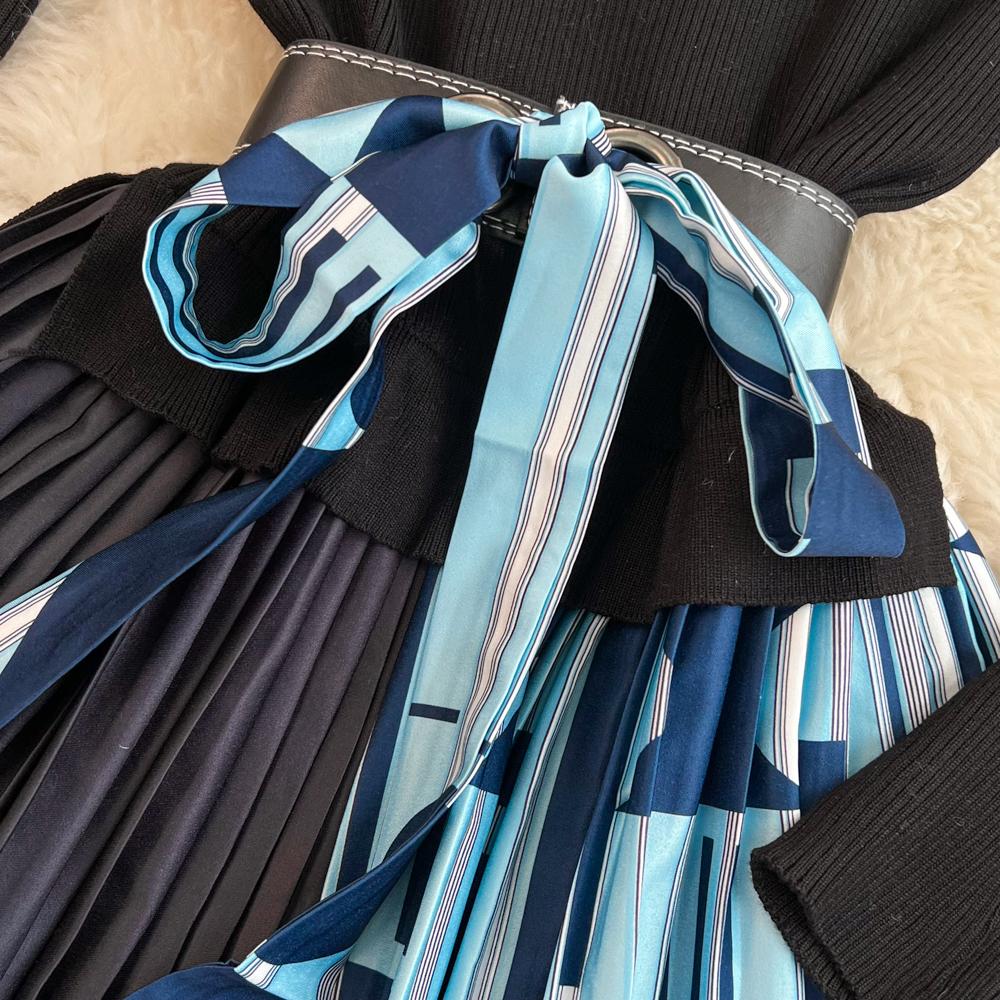 Vintage Elegant  O Neck Print  Pleated Long Sleeve Knit Dress A-line Casual Women Fashion High Waist Summer Spring