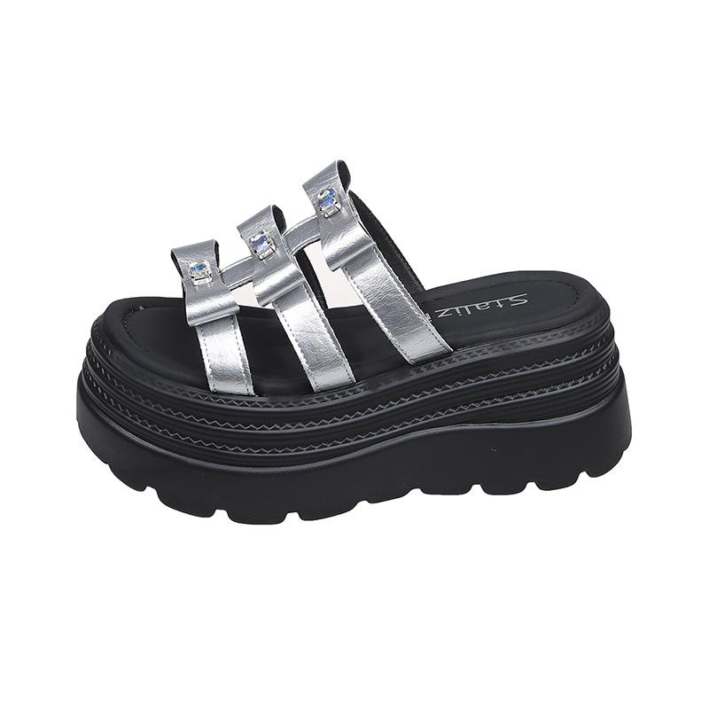 

Rhinestone sandals fairy fashion slippers women wear 8cm thick bottom and height increase one-word slippers in summer 34 срібний