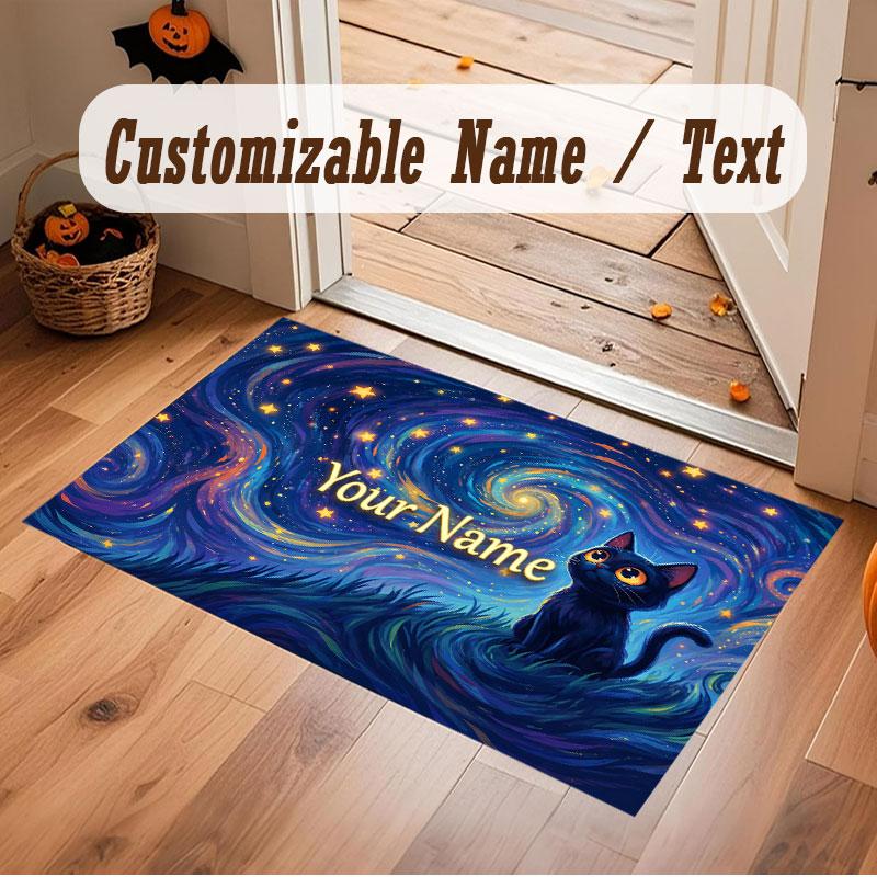 Cat Theme Crystal Velvet Floor Rug Personalized Custom Name Text Warm Carpet Home Decoration