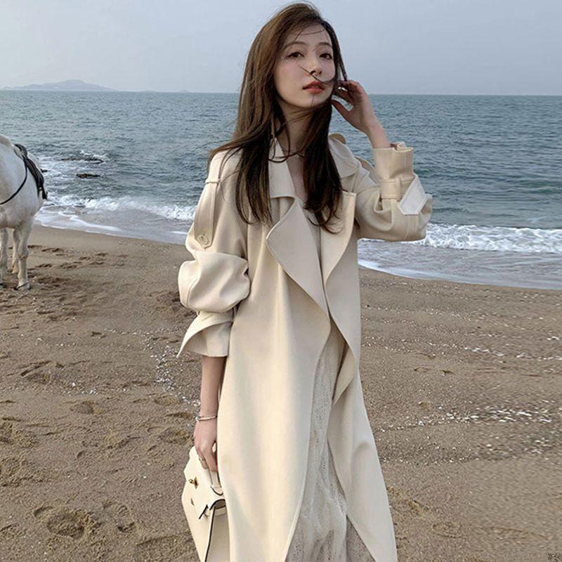 2026 Korean Style Long Drape Trench Coat - Elegant White for Spring & Autumn