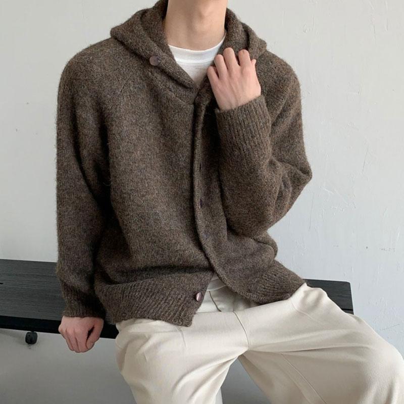 Autumn Winter Casual Hooded Knitted Cardigan Fashion Single-breasted Men's Clothing Basic Solid Color Loose Vintage Sweaters New