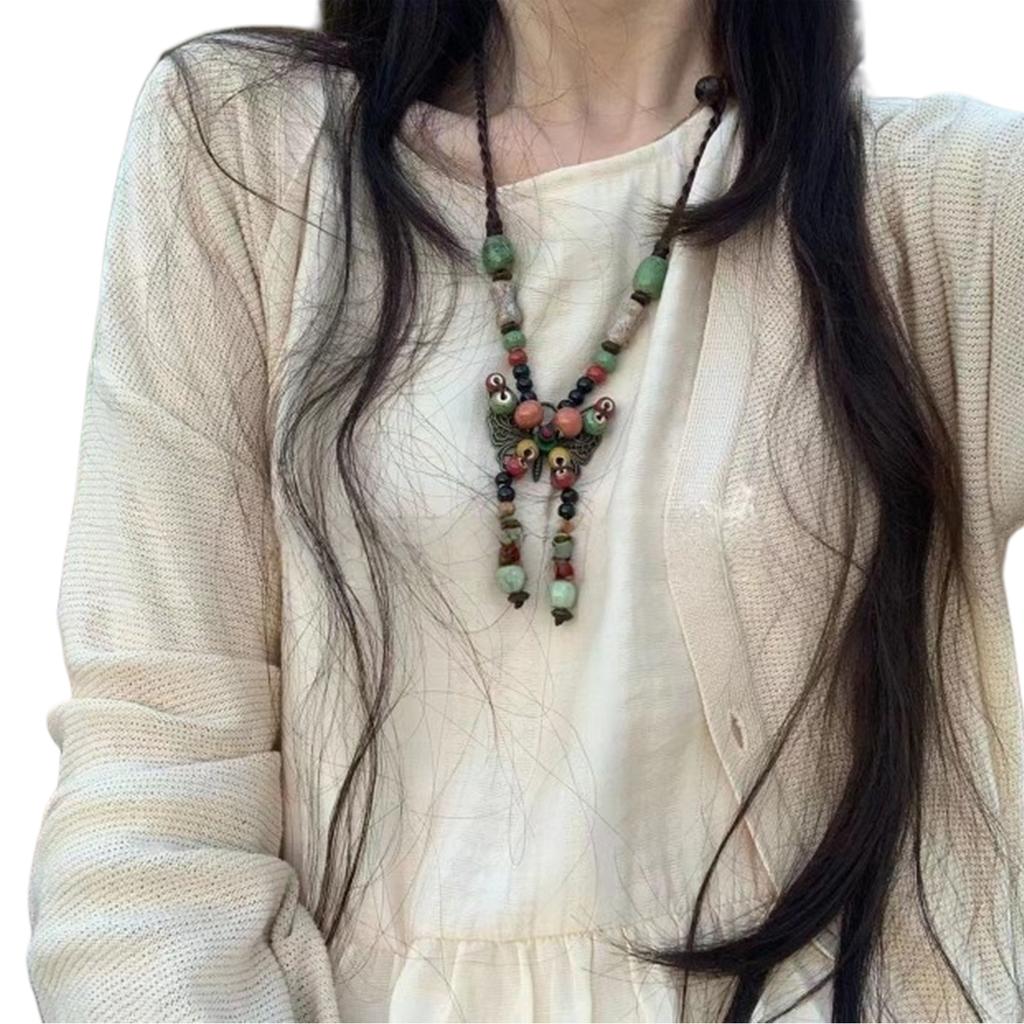 Handmade Ceramic Butterfly Pendant Necklace Bohemian Jewelry Adjustable Length Lightweight Neck Jewelry Gift for Women
