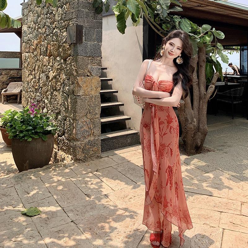Printed Tube Top Buttocks Holiday Dress Women's Summer New Super Fairy Travel Photo Suspender Skirt