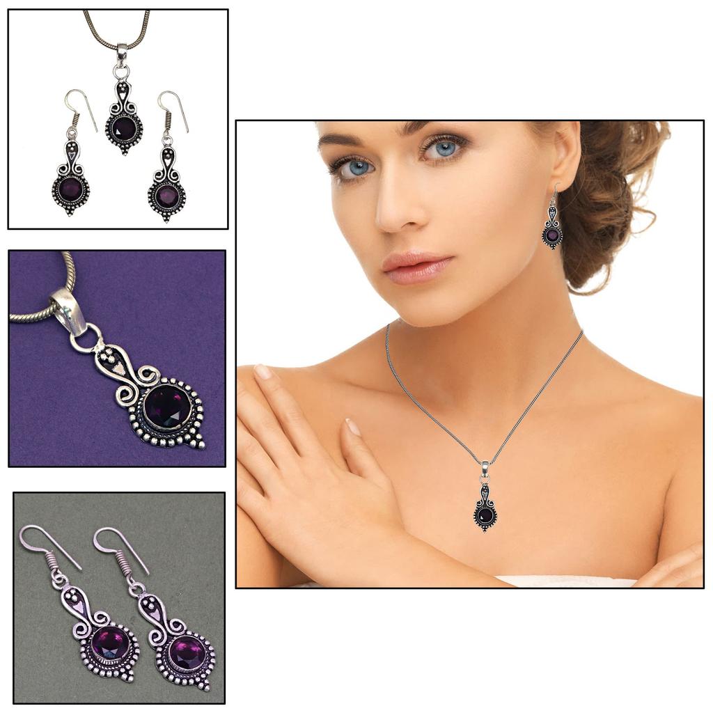Set Amethyst Pendant Earrings Girls Earring Necklace Sterling