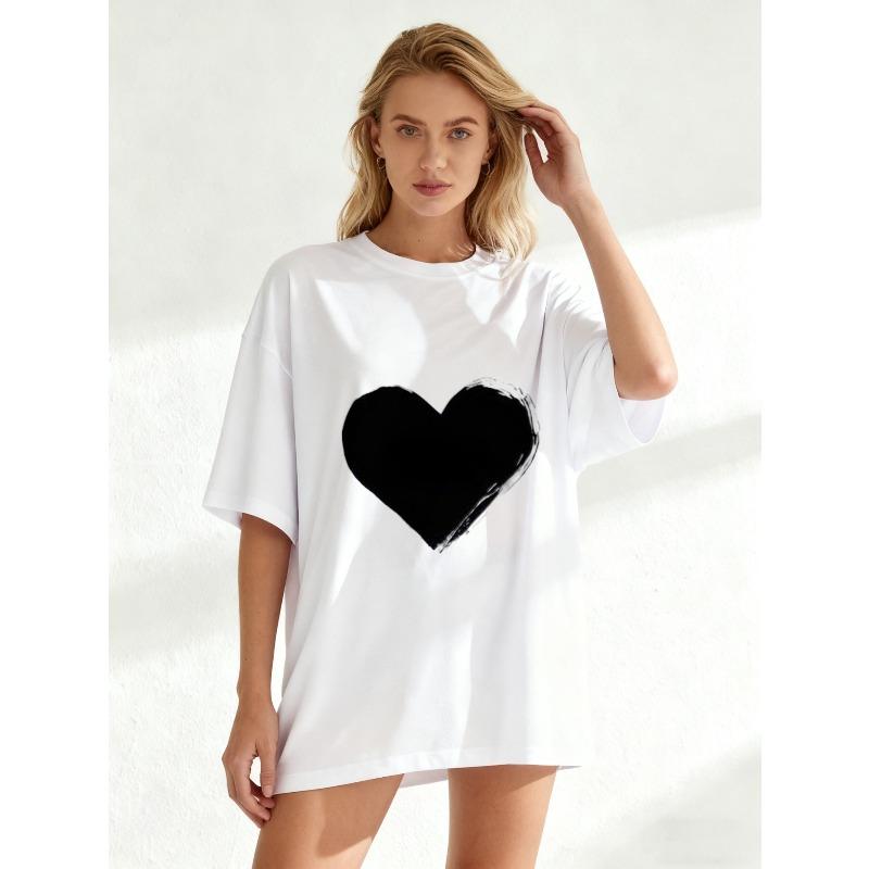 Oversized T Shirt Black Heart Print Casual Wear For Women Street Style Fashion Top Summer Outfit Trendy Loose Fit Graphic Tee
