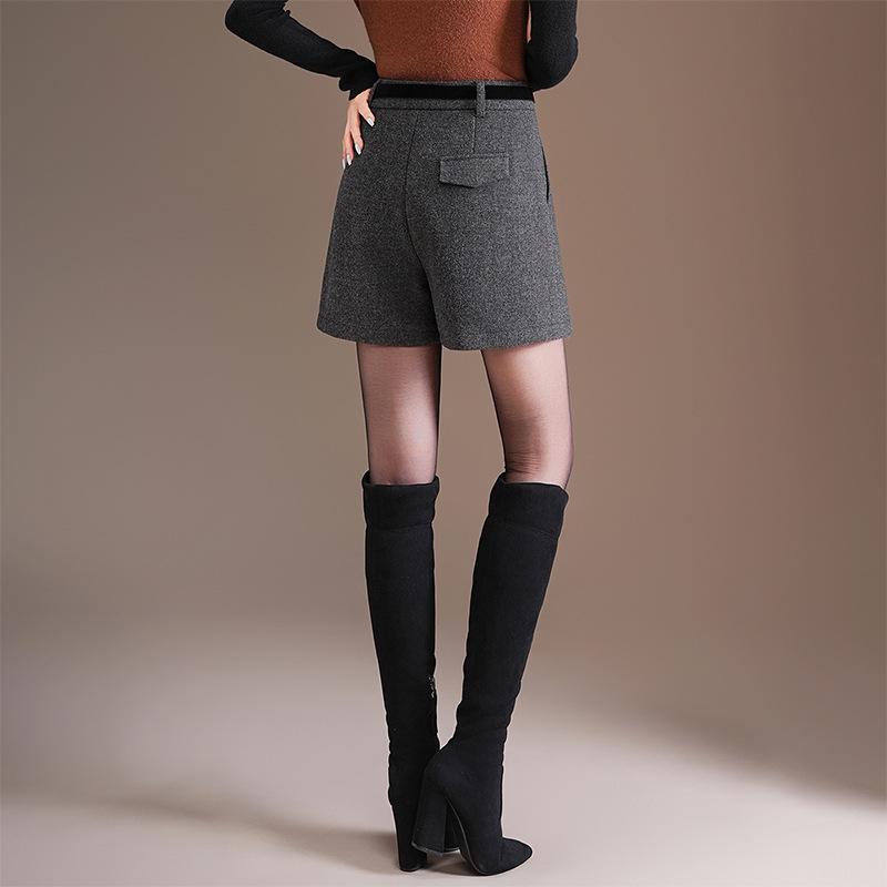 Women's Gray-Black Woolen Bootcut Shorts - Fashionable Autumn/Winter 2025