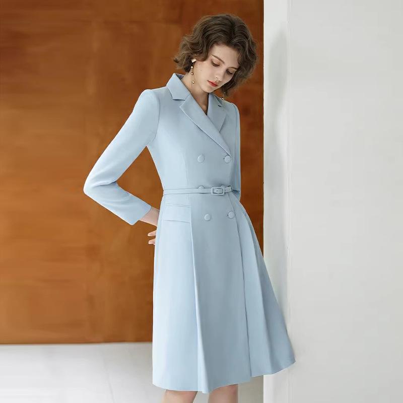 Women's Light Blue Double-Breasted Slimming Suit Dress for Autumn/Winter - Ideal for Exams or Formal Commute