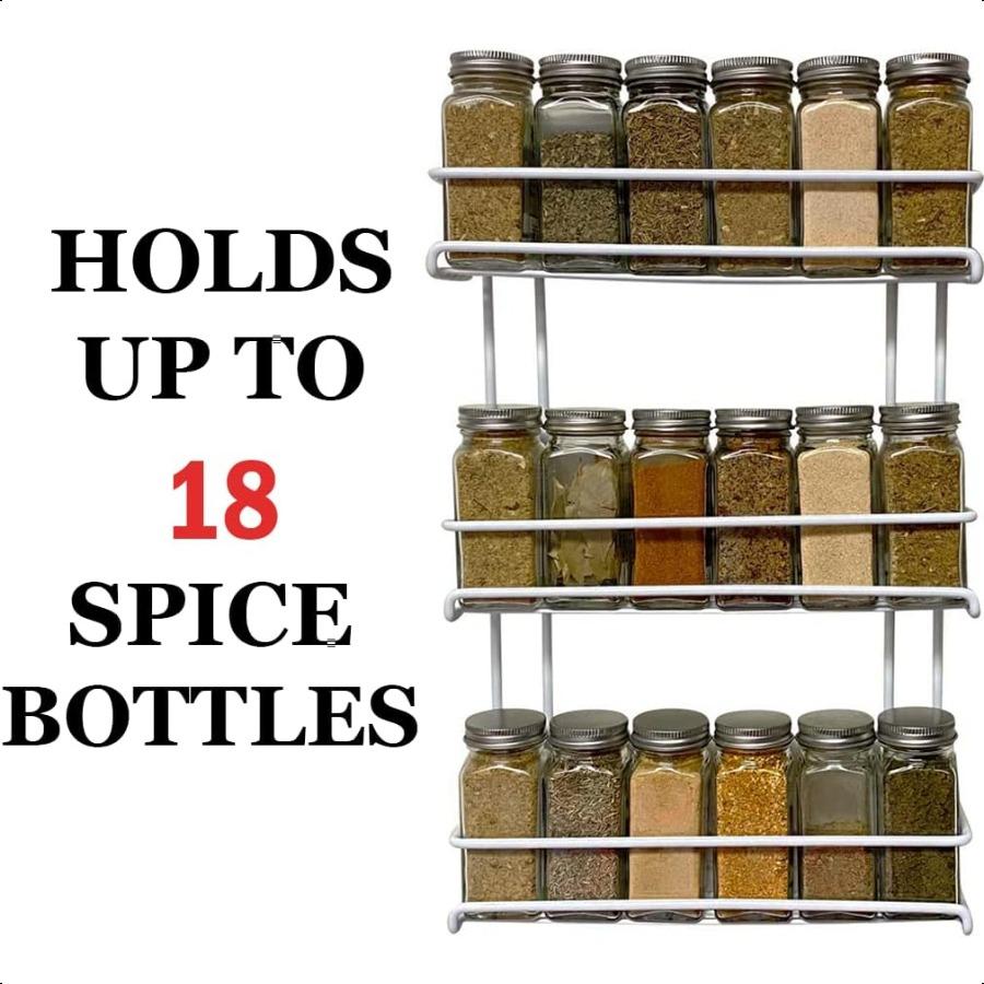 3Tier Spice Rack Wall or Cabinet DoorMounted Organizer Metal Storage for Small Spice Jars Holds Up to 18 Bottles White Coated S