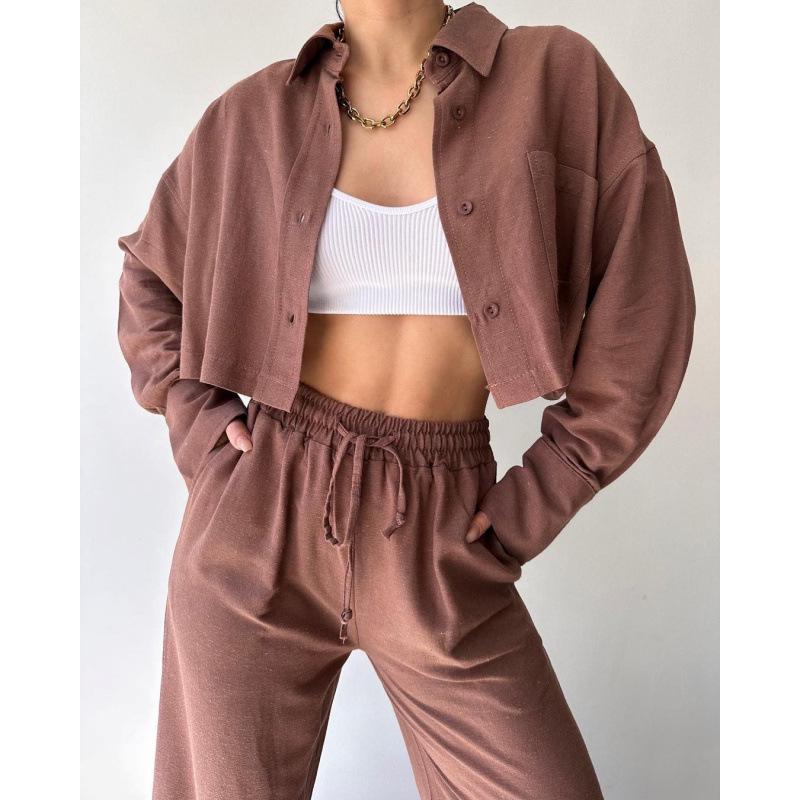 2025 European & American Solid Color Long Sleeve Shirt & Drawstring Pants Set