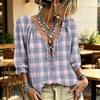 Women's Casual Plaid V-Neck Ruffle Blouse with Tie Neck