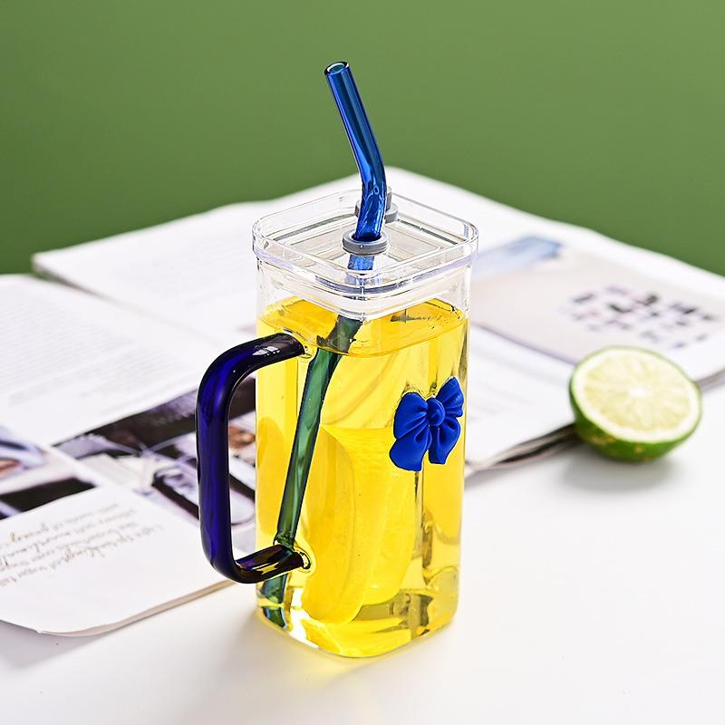 350ml Square Glass Straw Cup with Handle Bow Water Cup Household Cup Female Milk Coffee Cups with Pink Tumblers Handle Gift