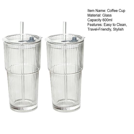 2Pcs Iced Coffee Glass with Lid And Straw, 600ml Capacity Ribbed Tumbler, Reusable Cold Drink Cup for Home Travel, Fits Car Cup Holder