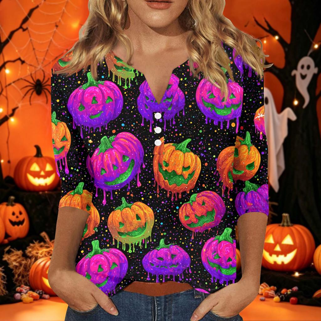 Women's Halloween Print V-Neck Short Sleeve T-Shirt with Decorative Buttons for Casual Fall Outfits