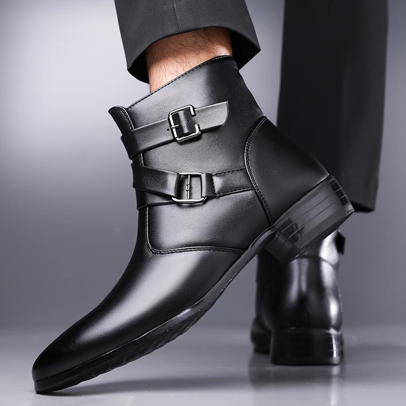 New Winter Fashion Belt buckle Patent leather Chelsea Ankle Boots For Men's Casual Luxury Brand Designer Shoes High Tops