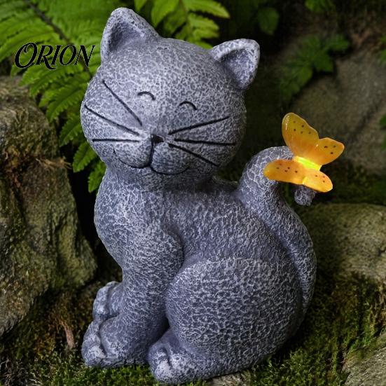 Atmospheric Landscape Lighting Solar Cat Garden Statue, Cute Sculpture with Butterfly Light, Decorative for Balcony Waterproof Resin Animal