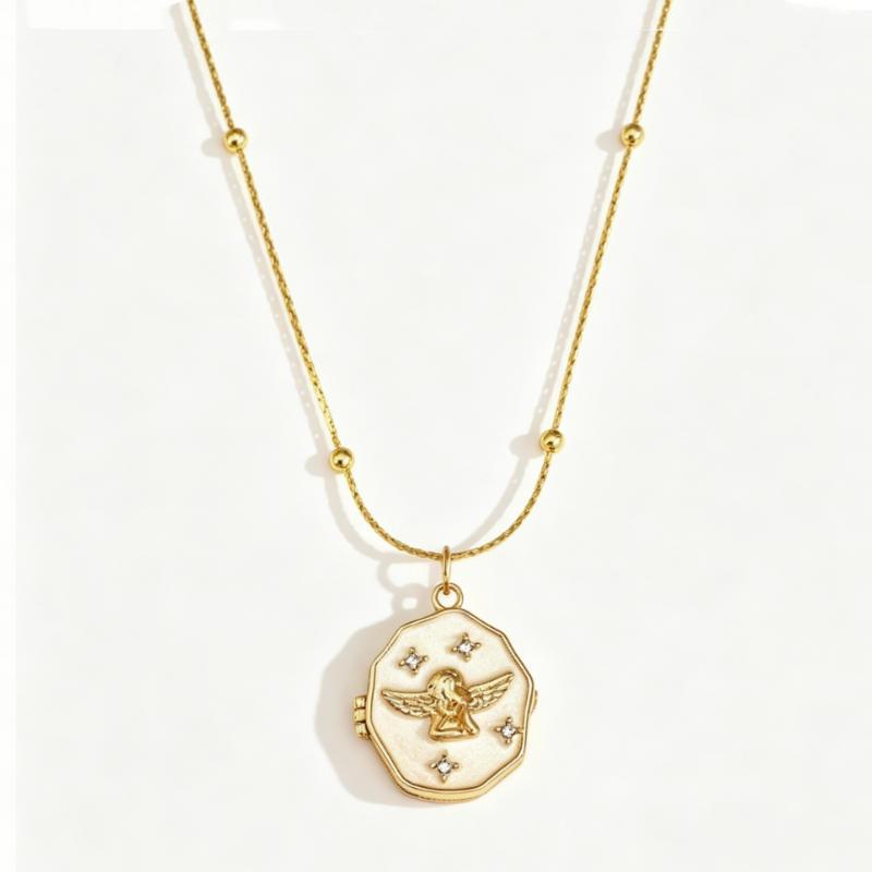 Vintage Openable Octagonal Angel Photo Locket Necklace Jewelry Gift for Women Memorial Accessory