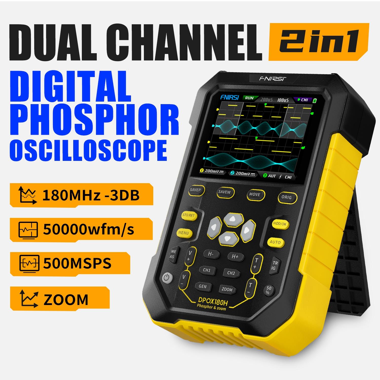 

FNIRSI DPOX180H Портативний двоканальний цифровий осцилограф 180 МГц-3DB 2 в 1 Генератор сигналів Флуоресцентний дисплей ZOOM синій