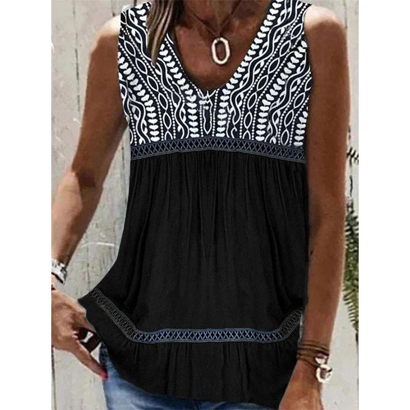 Summer Lace Patchwork Sleeveless Loose Blouse Women Tops V Neck Pleated Elegant Plus Size Shirts for Women Fashion Print Simple Blouses 24530