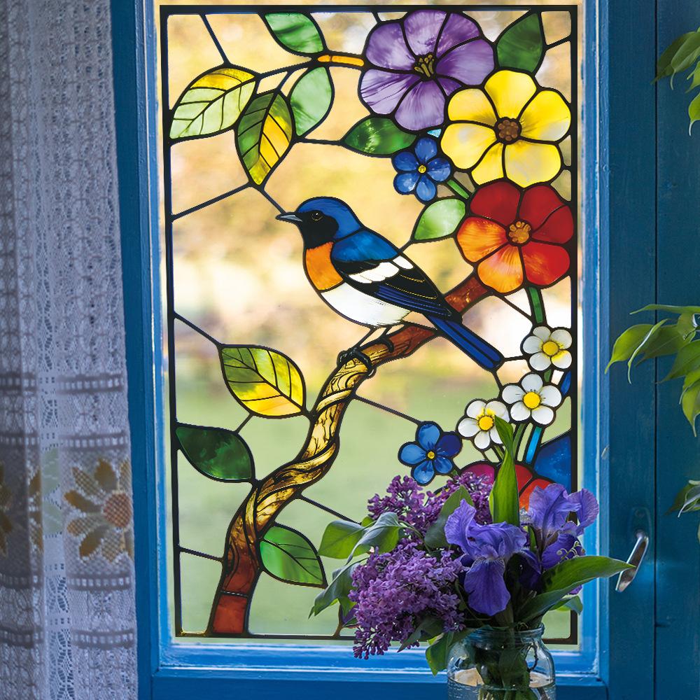 Flores e Pássaros Pintados Janela de Vidro de Varanda Externa Decoração e Embelezamento de Casa Adesivos de Janela