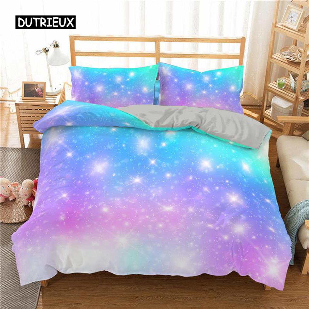 Regenbogen Bettbezug Set für Mädchen Regenbogen Stern Bettwäsche Set Mädchenhaft Glitzernd Doppel Queen King Size Weich und Bequem Bettdeckenbezug