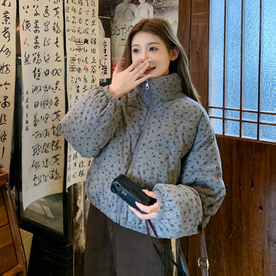 Floral Cotton Jacket Short Sleeve Women's Winter New Korean Style College Style Thick Fleece Cotton Coat