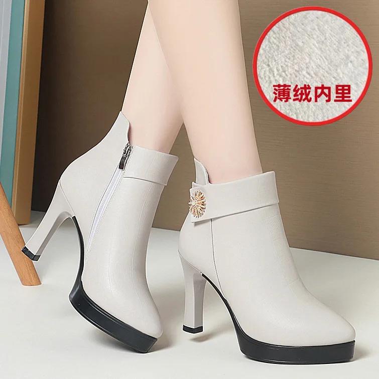 Fashion Autumn Women's Platform Shoes New Plus Velvet Stiletto Heel Heeled Ankle Boots Winter Fashion Pointed Toe Warm Female Short Boot
