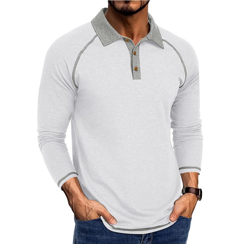 Men Raglan Sleeve Color Contrast Lapel Long Sleeve Slim Fit Casual Polo Shirt S белый