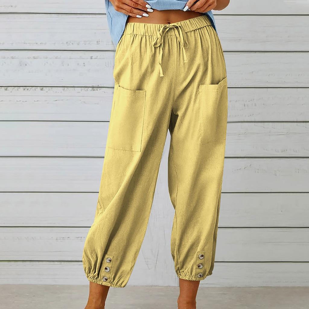 Women's Fashionable Color Cotton Linen Elastic Waist Decorative Casual Pants With Pockets