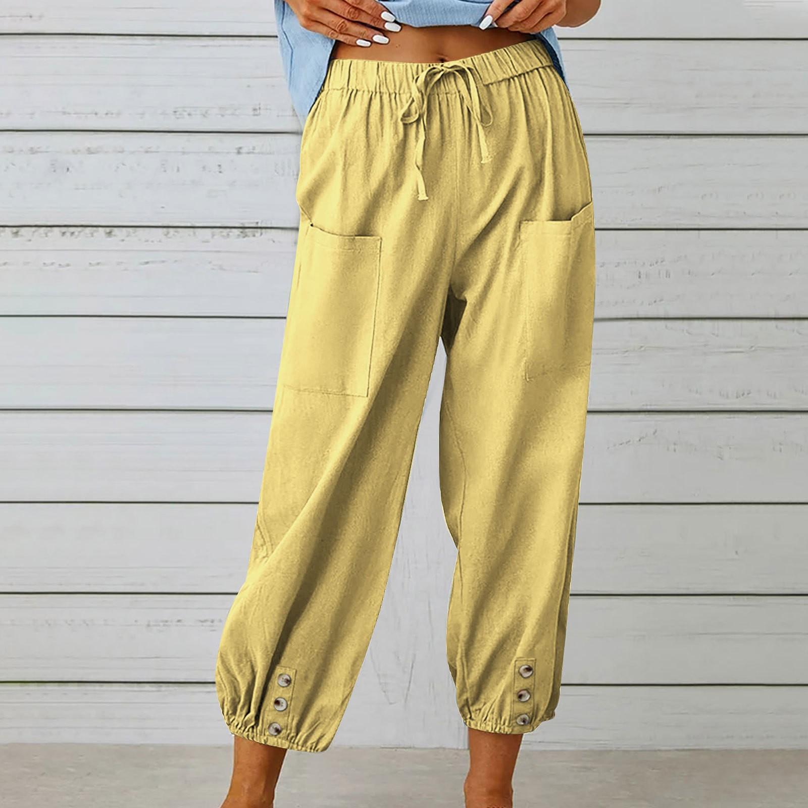 

Women s Fashionable Color Cotton Linen Elastic Waist Decorative Casual Pants With Pockets M жовтий