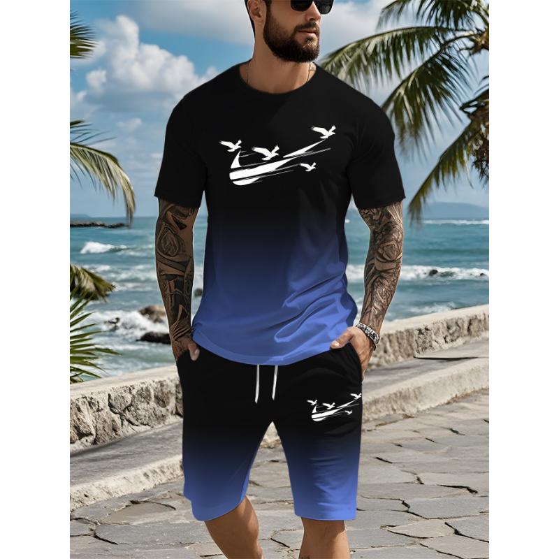 Men's Gradient Two-piece Summer Set with Short Sleeves Suitable for Casual Daily Wear, Lightweight and Breathable Short Sleeve S