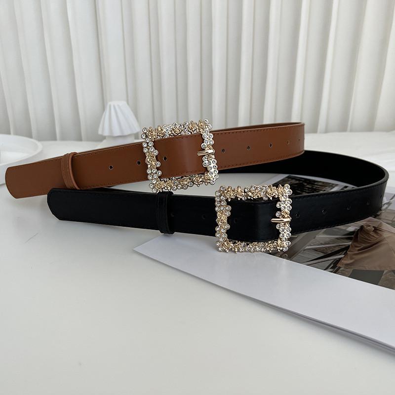 Stylish New Alloy Buckle Women's Belt Perfect For Dresses And Coats With Rhinestone Detailing In Black And Camel Color
