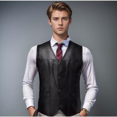Frühling und Herbst Herren Strickjacke Mode Urban V-Ausschnitt PU Leder Weste Herrenweste