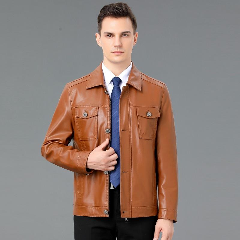 Autumn and winter young and middle-aged men's lapel single leather leather jacket, fashionable and handsome velvet motorcycle leather jacket