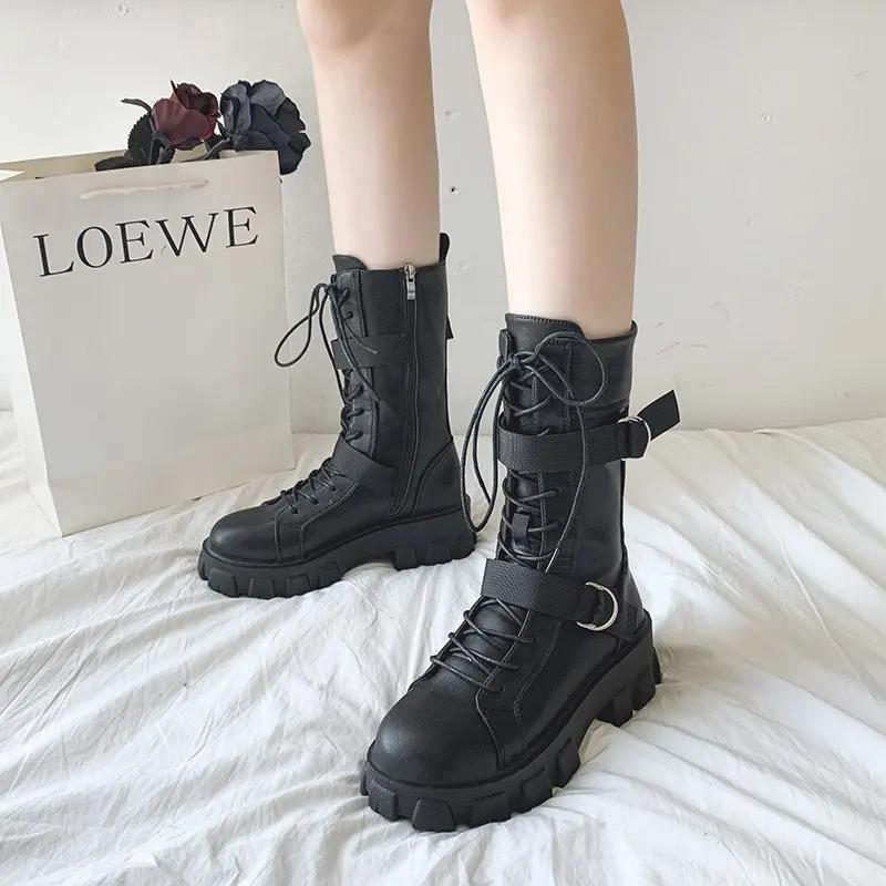 Fashion Women's Boots Fashion Motorcycle Boot Luxury High-tops Leather Boot Non Slip Platform Boots for Women Knight Boots Botas Mujer