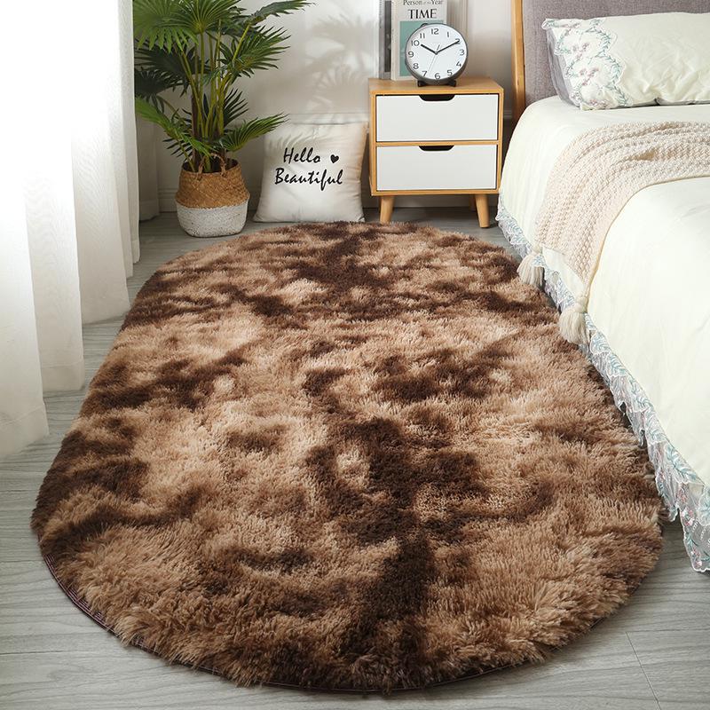 Ins Tie-Dye Oval Silk Wool Rug: Long Pile Carpet for Living Room, Bedroom, Bedside, Cloakroom, Decorative Floor Mat