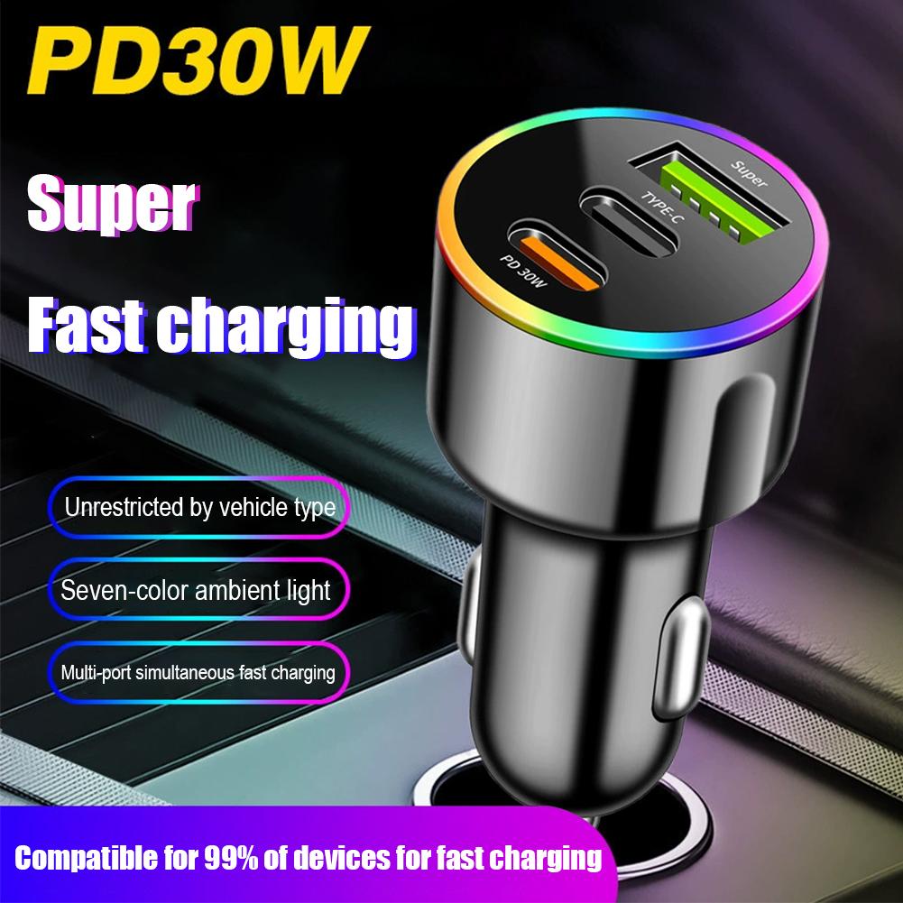 60W Fast Car Charger PD30W QC3.0 Dual Port USB C Car Charger 7 Colors RGB Ambient Light Fast Charging Adapter For Mobile Phone