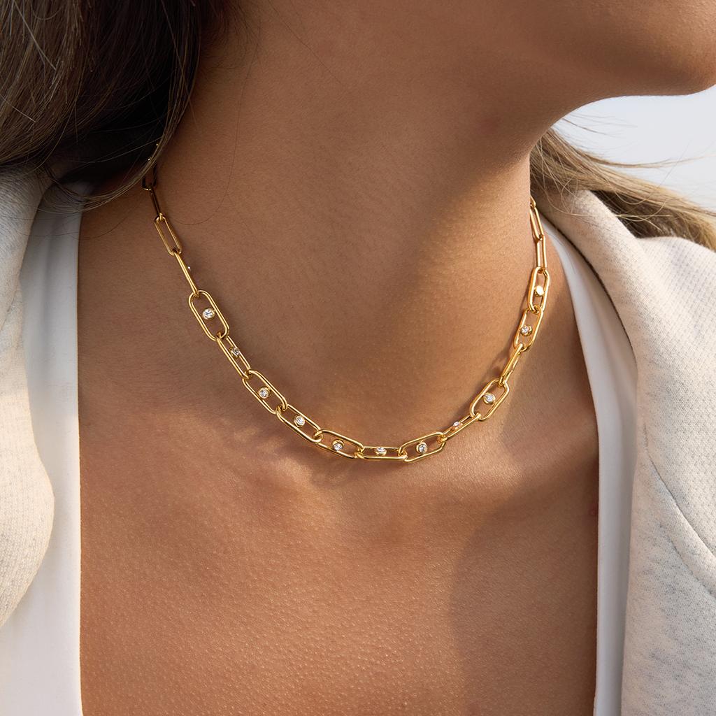 Youthway White Green Crystal Necklace For Women 18K Gold Plated Stainless Steel Paperclip Chain Necklace Fashion Jewelry Gift