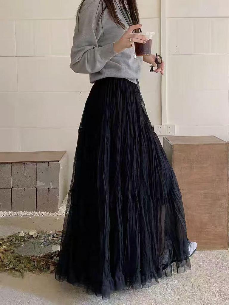 Korean-Style Solid Color Mesh Spliced A-line Skirt for Women - Elegant, Slimming, Versatile, Wide Hem for Spring & Autumn