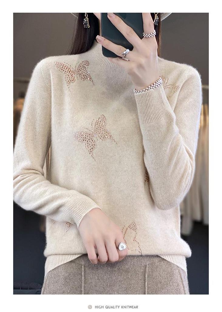2024 Women's Seamless Half-High Collar Slimming Sweater with Rhinestone Butterfly Design