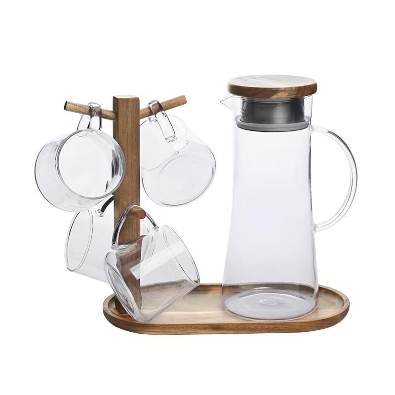 Large Capacity Glass Pitcher with Wooden Tray Set