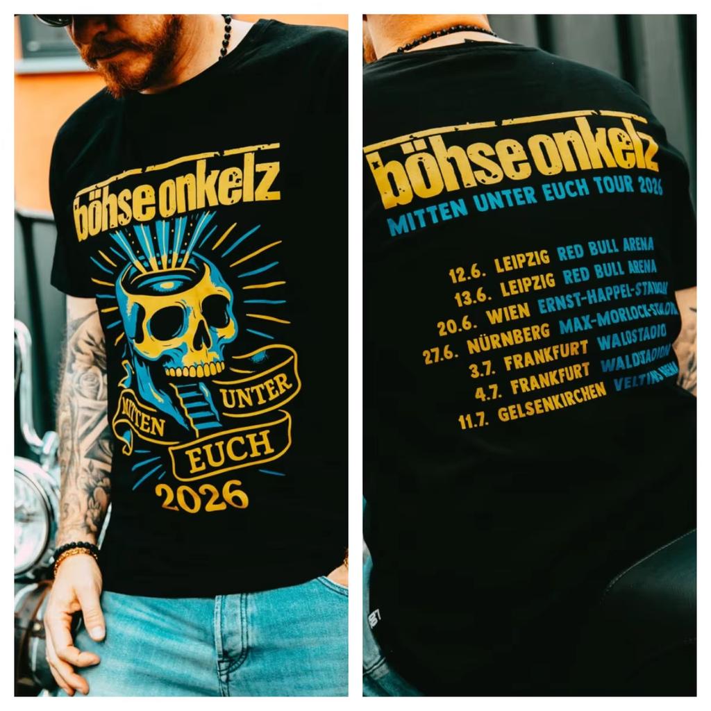 Bhse Onkelz Mitten Unter Euch 2026 Tour Totenkopf Aufdruck Schwarz Kurzarm Unisex und Unisex Shirt Oversized Unisex Hohe Qualität Weich