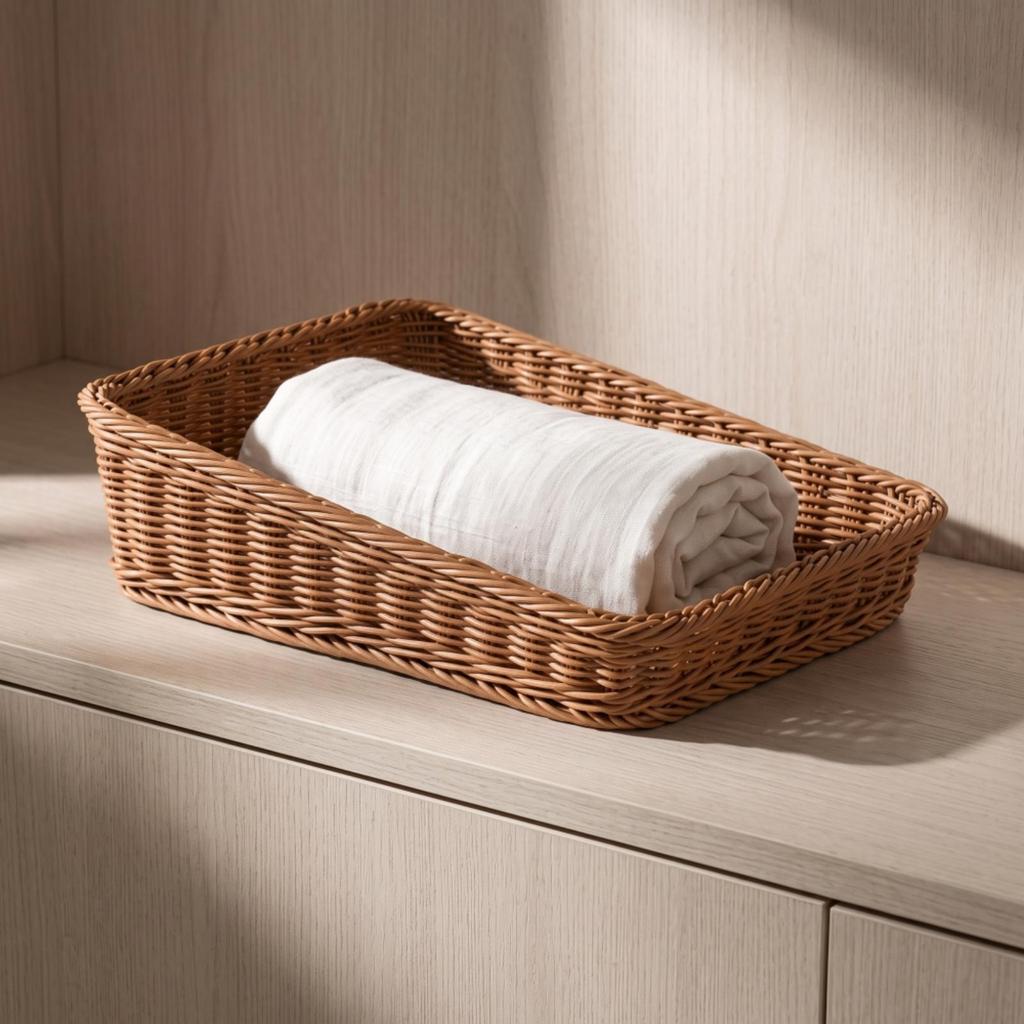 Rattan Basket Open-Top Weave Storage Shallow Organizer Tray for