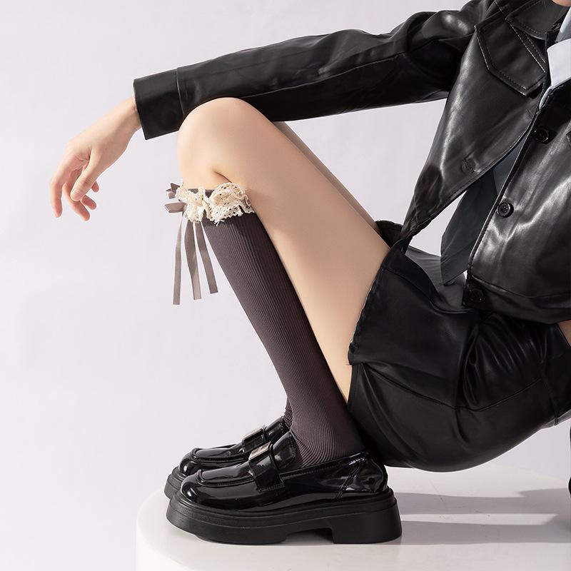 Lace Lolita Calf Socks with Bow Pressure, Long Calf Style, Paired with Boots for Slimming, Ballet Style Reaching The Knees
