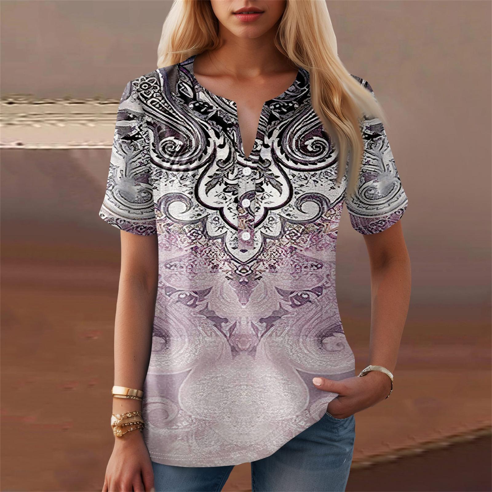 

Женская повседневная футболка с v-образным вырезом и коротким рукавом с цветочным принтом и декоративными пуговицами, топ XL фиолетовый