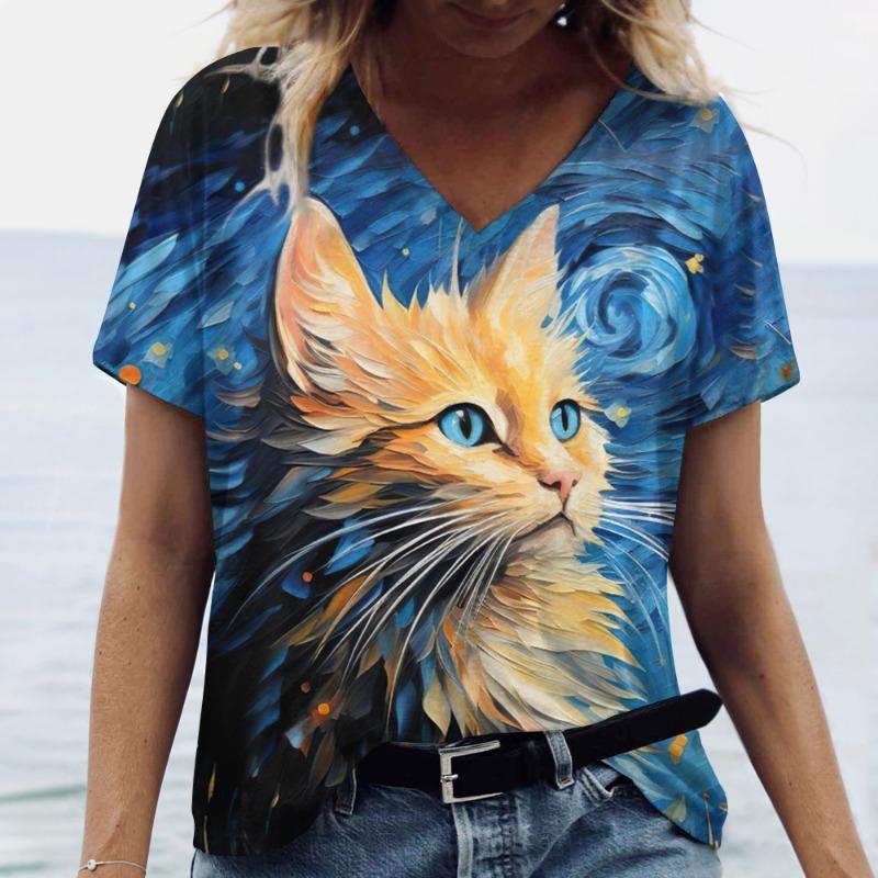 Dam V-ringad Kortärmad T-shirts Djurtryckta Sommarkläder Söta Tecknade Kattkvinna T-shirts 2024 Nya Streetwear Toppar