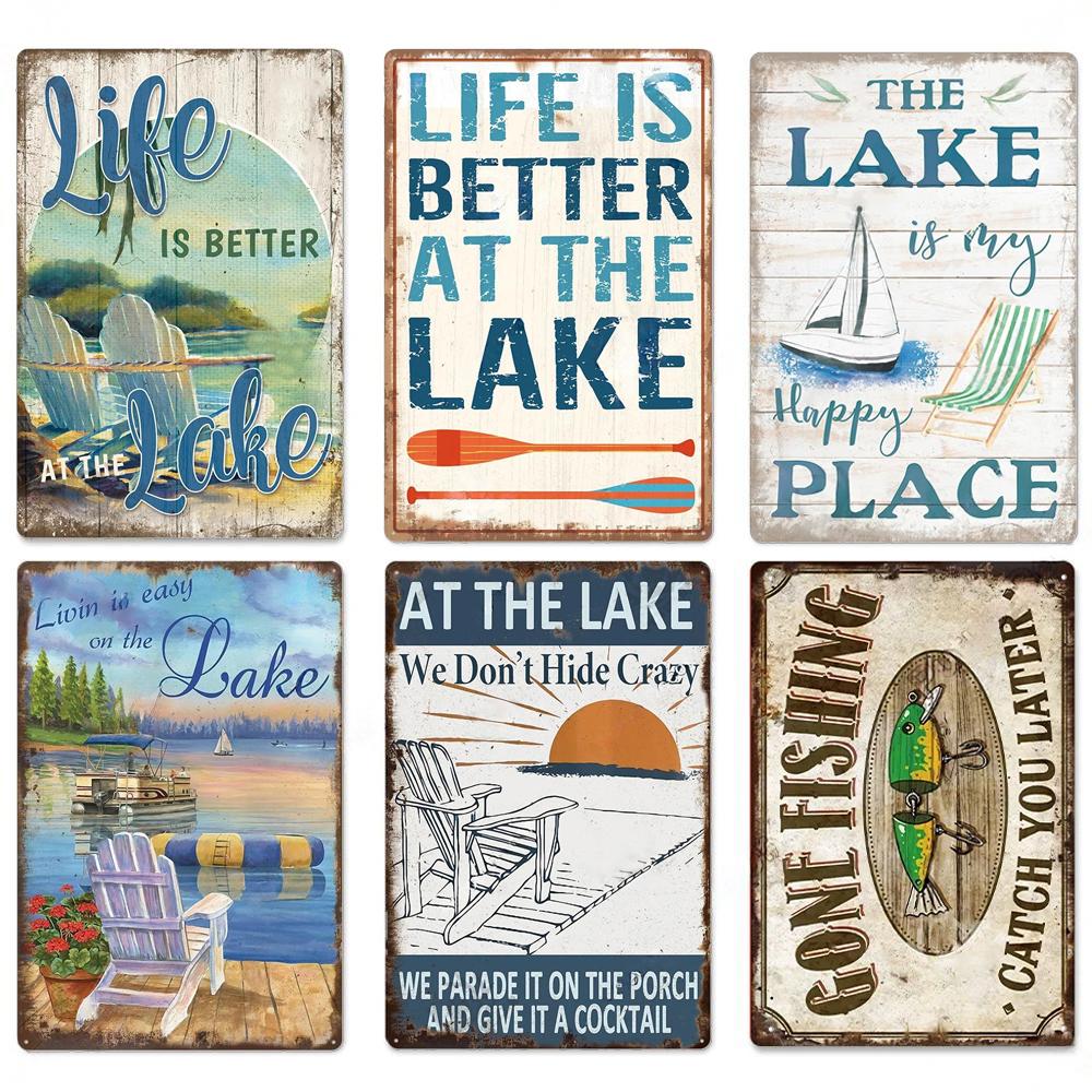 Lake House Posters Vintage Metal Tin Signs Decor Rustic Plaque Metal Plate Wall Art Decor for Living Room