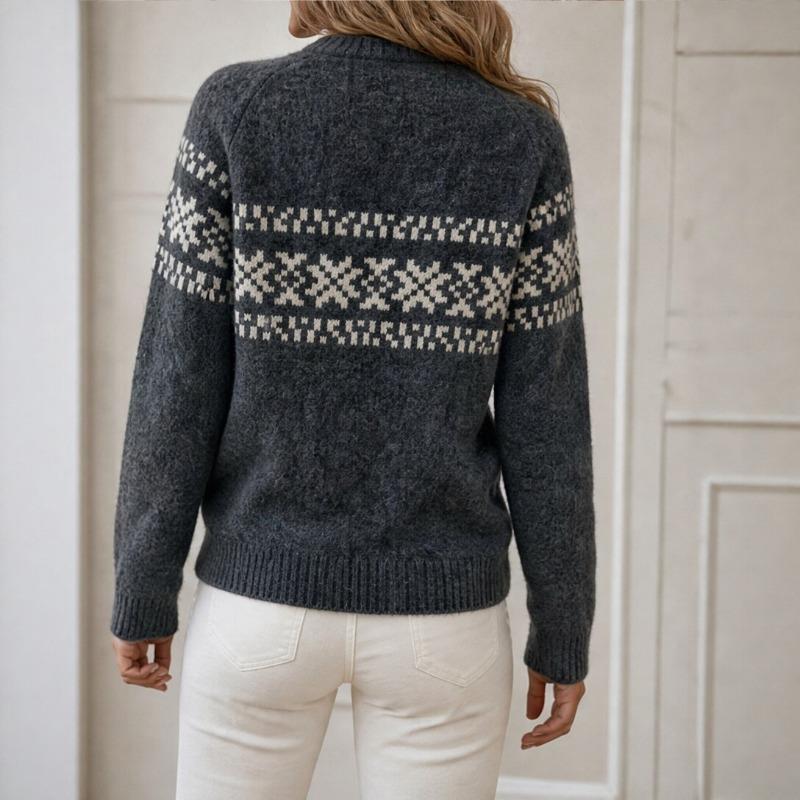 Women Vintage Geometric Jacquard Knit Sweater Raglan Crew Neck Loose Fit Casual Base Layer