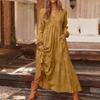 Women's Fashionable Solid Color V-neck Long Sleeved Loose Button Cotton Linen Retro Large Swing Long Casual Dress