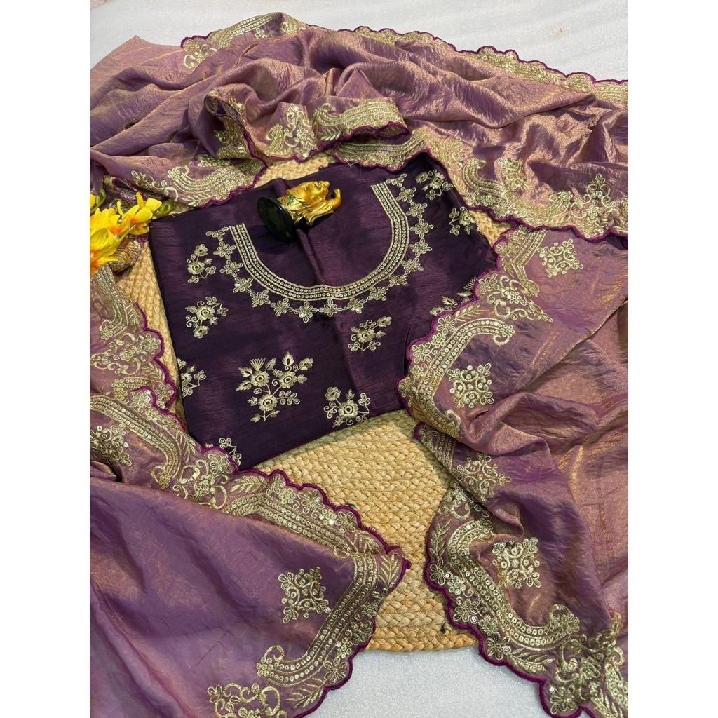 Königlicher Satin Zari Pailletten-Sari – Premium Designer Festtagsmode